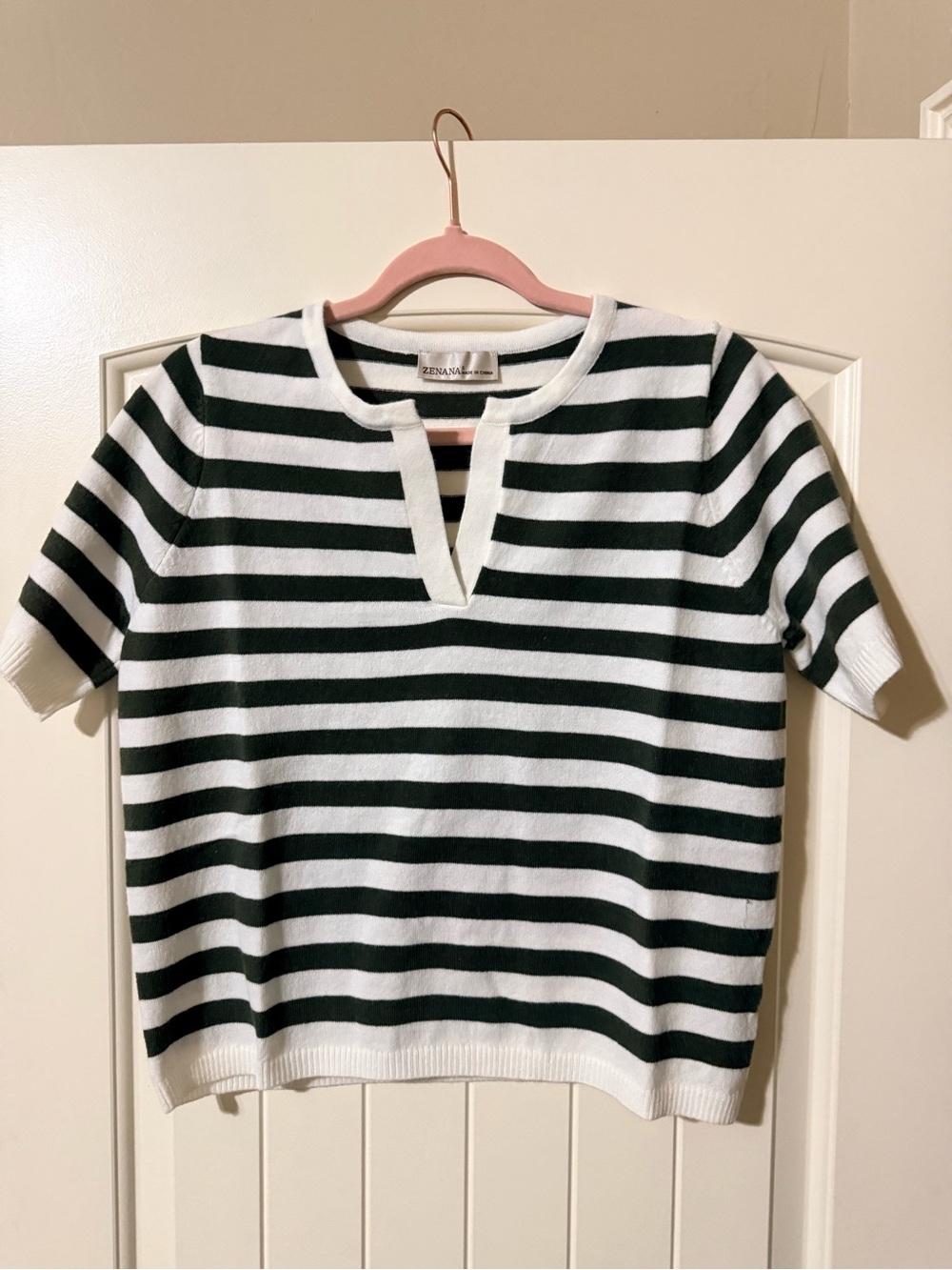 ZENANA Striped Olive Green & White Short Sleeve Knit Top NWOT